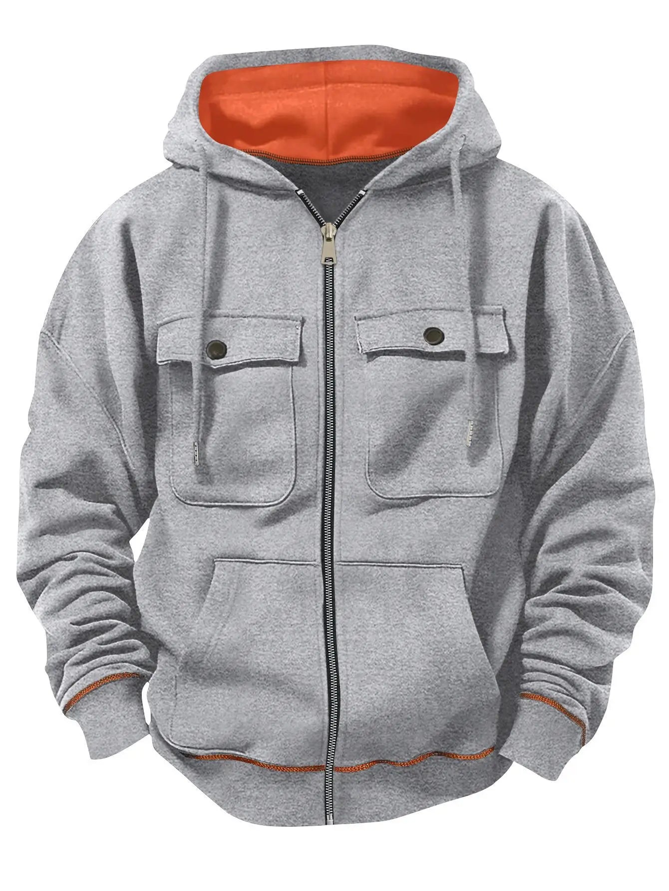 2026 New model retro workwear hooded sweatshirt, men's zipper solid-color warm sports shirt with multiple pockets hooded jacket