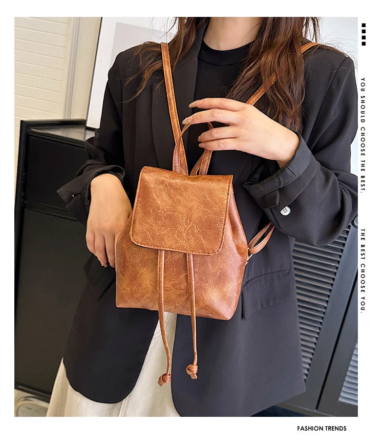 Compact Brown Retro Shoulder Bag Women's Spring Summer New Simple Artistic Match Double Rope Single Shoulder Bag Casual Style
