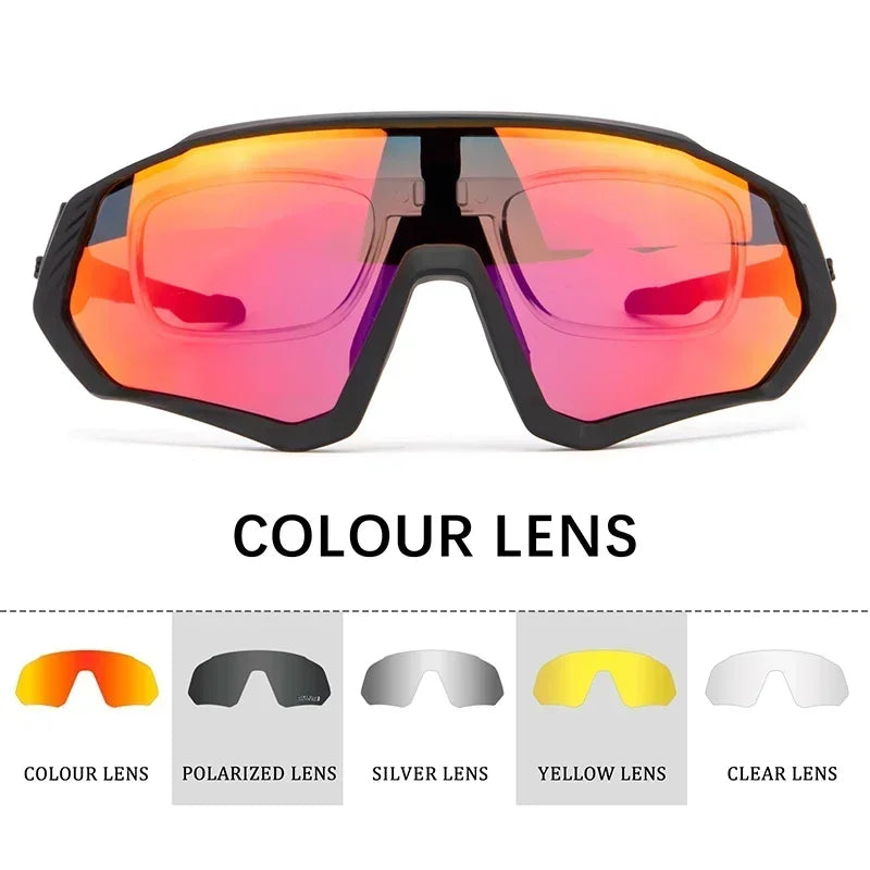 Sport sunglasses with red and orange mirrored lens, five interchangeable lens options