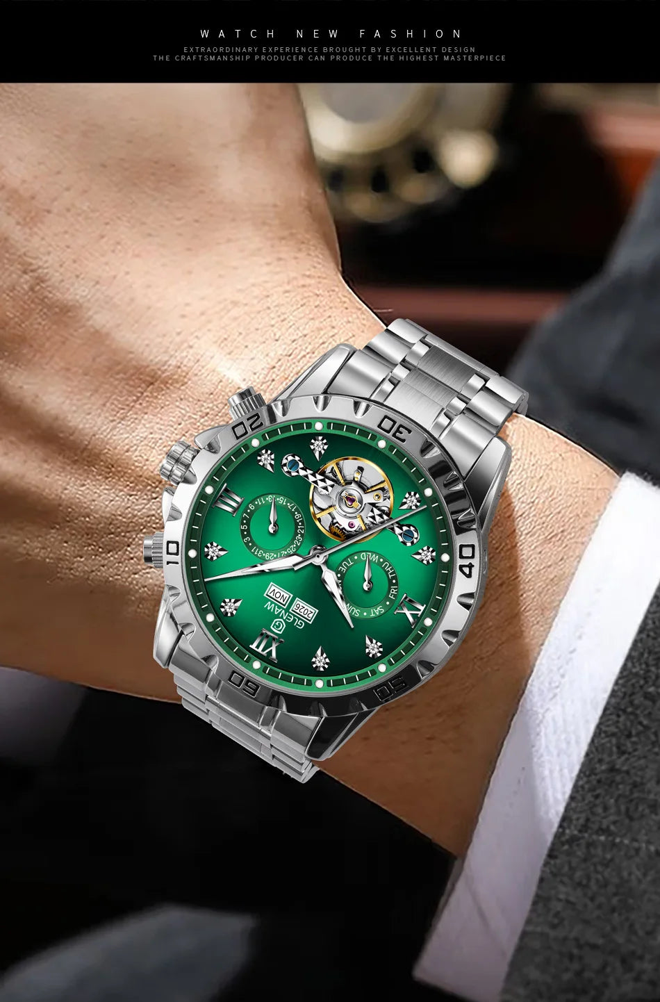 Glenaw high-end business fully automatic mechanical multi-functional men's watch trendy fashion waterproof watch