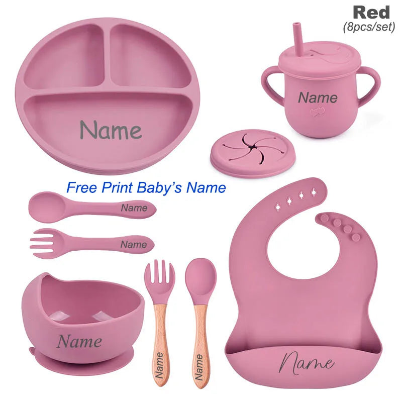 Personalized Logo Name Baby Silicone Dishes Feeding Set Suction Cup Bowl Tableware Kids Bowl Spoon Fork Bib Feeding Set BPA Free
