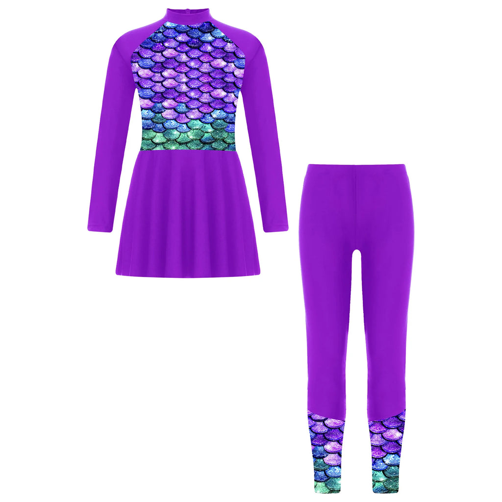 Girls Swimsuits 2 Piece Rash Guard Set UPF 50 Sun Protection Long Sleeve Swim Dress with Leggings Kids Full Body Cover Beachwear