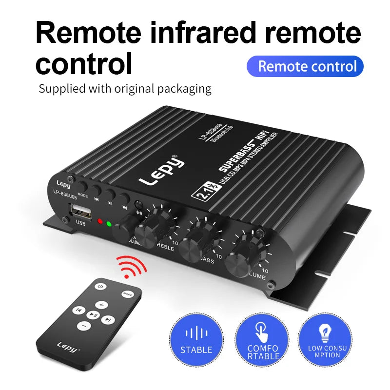 LP-838USB 2.1Channel Amplifier 12V Car Home Amp USB BT Lossless Music Play Digital Audio Amplificador with Remote Control HiFi