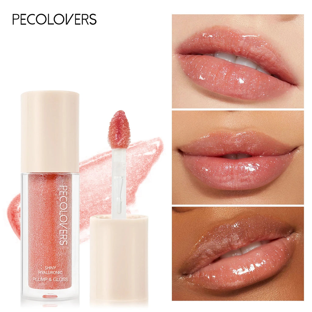 Shiny hyaluronic plumping lip gloss in nude pink with glossy finish on different lips