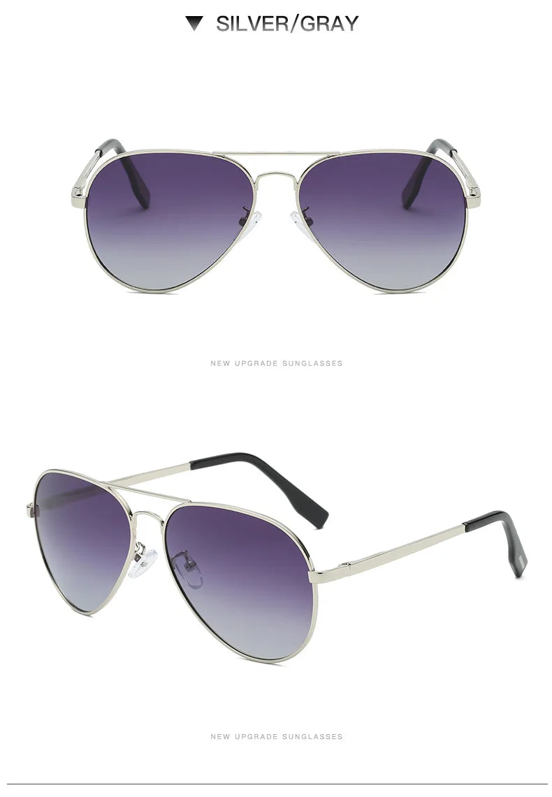 Silver frame aviator sunglasses with gray gradient lenses, stylish unisex eyewear