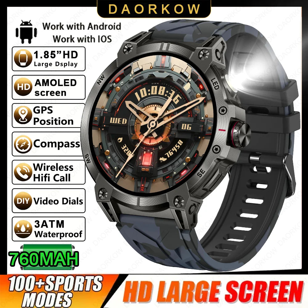 Military smartwatch men,760mAh Bluetooth call,LEDflashlight,compass,1.85HD Large screen,heart rate.blood pressure,IP68waterproof