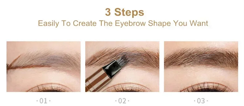 Eyebrow shaping tutorial with three steps, showing application using an angled brush.