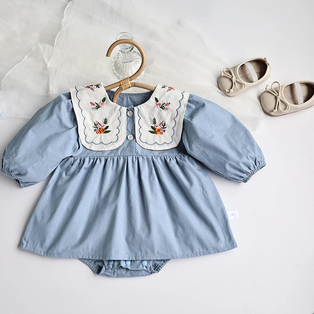 Spring Baby Clothing Solid Pleated Baby Bodysuit Toddler Girls Embroidered Flower Big Collar One Piece