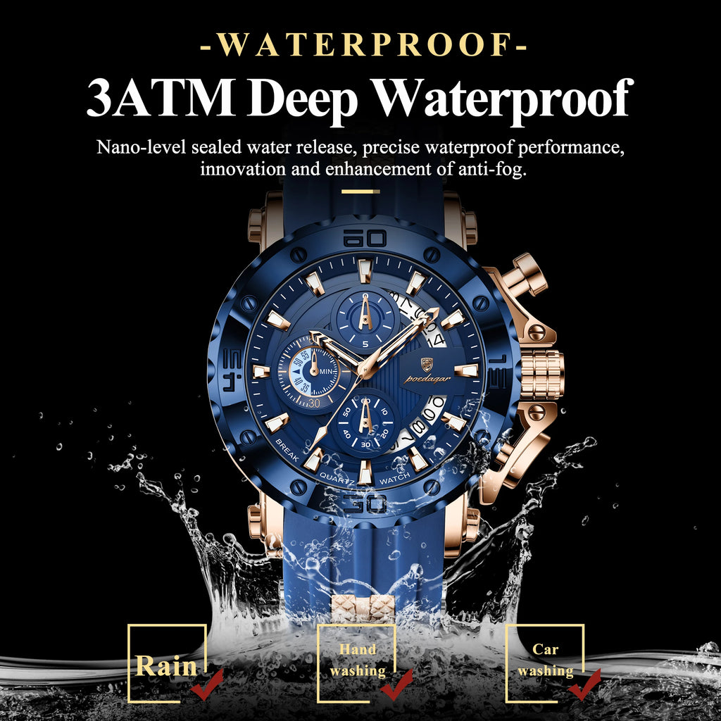 POEDAGAR Original Luxury Man Watch Chronograph Waterproof Luminous Sports Men Clock Calendar Silicone Strap Quartz Men's Watches