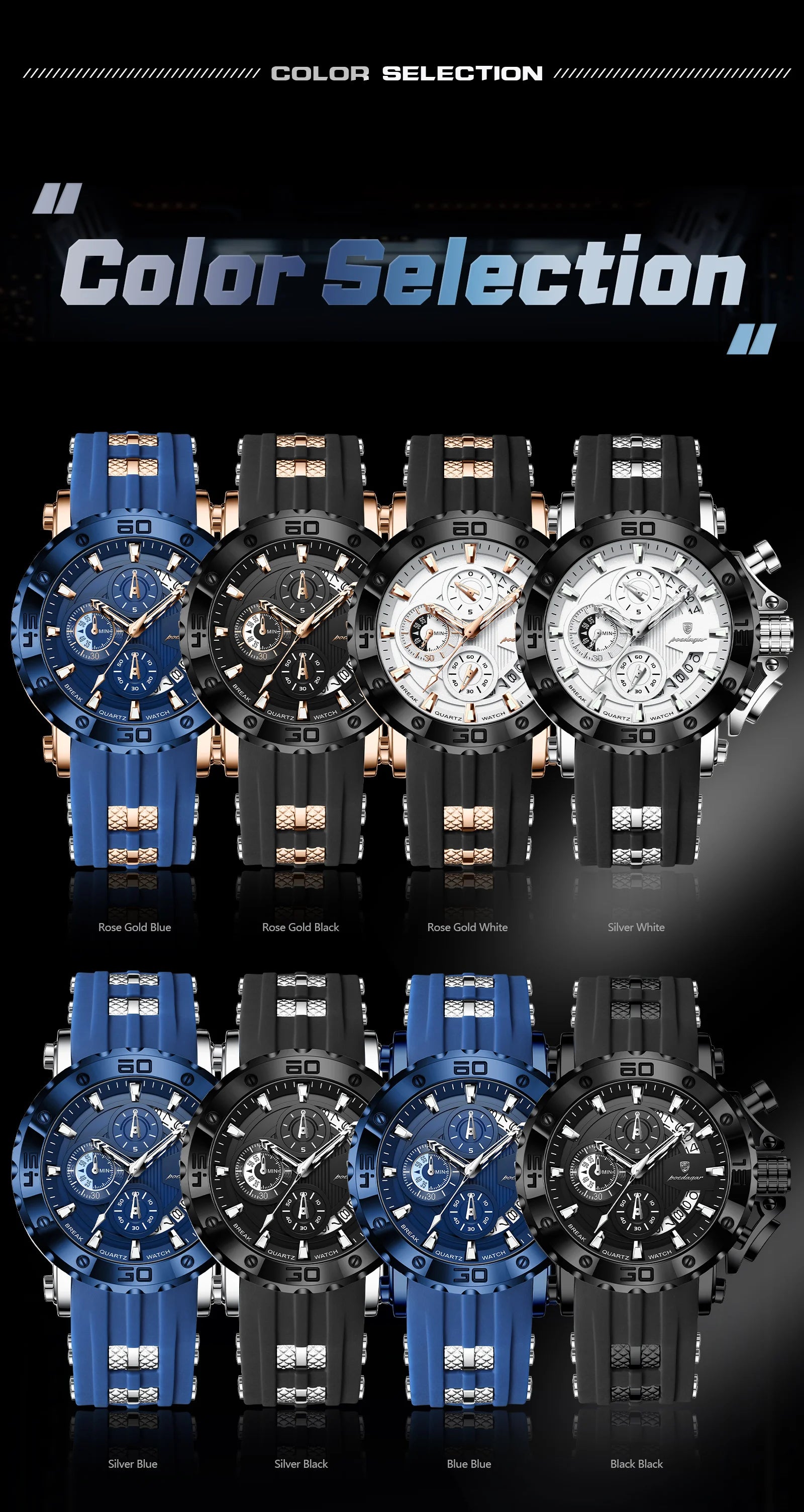 POEDAGAR Original Luxury Man Watch Chronograph Waterproof Luminous Sports Men Clock Calendar Silicone Strap Quartz Men's Watches