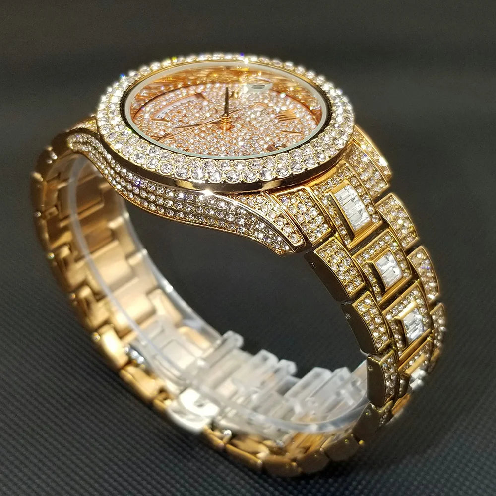 TikTok Hot Diamond Wristwatch For Men Luxury 18K Gold Plated Quartz Watches Day Date Nightclub Party Watch Unisex Rapper Jewelry