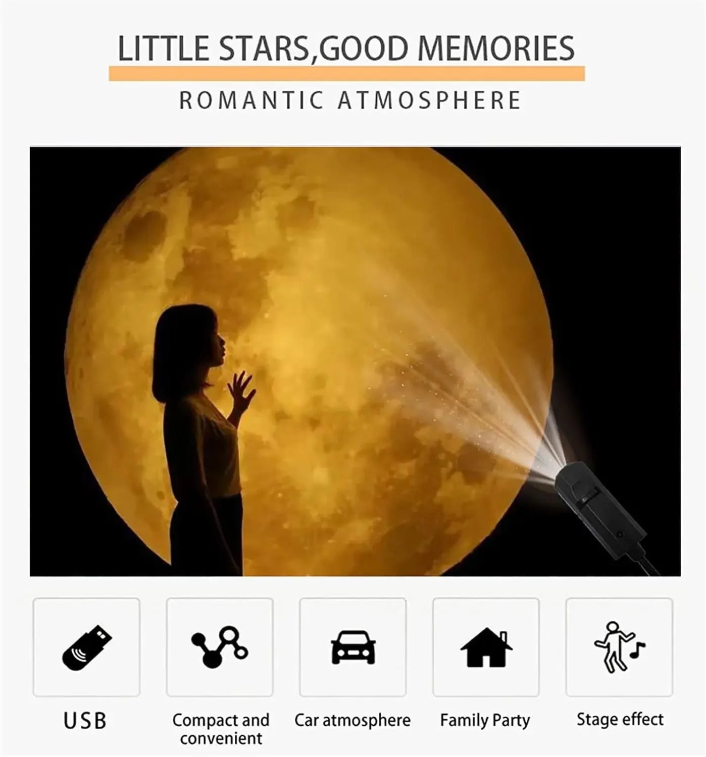 USB star projector light creates romantic moon atmosphere, ideal for home, car, or parties.