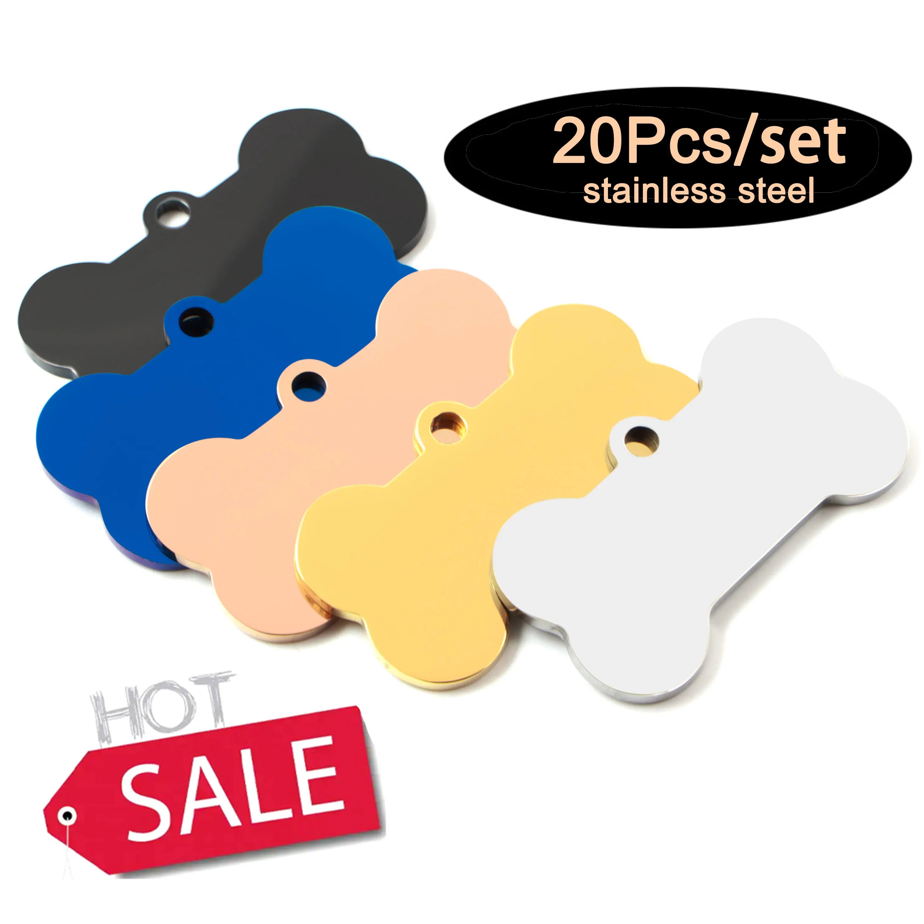 Stainless Steel 20Pcs Bone Dog ID Tag Keychain Engraved Pet ID  Personalized Collar Tags Pendant Keyring Bone Pet Accessories