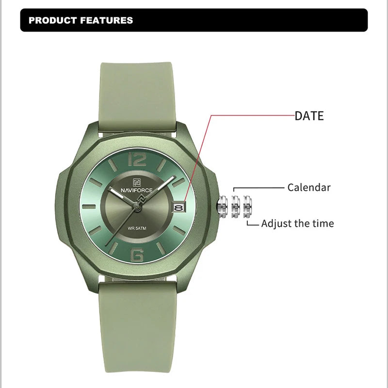 NAVIFORCE Sports Casual Watches for Woman Soft Silicone Strap Classic Fashion 30m Waterproof Date Display Ladies Gift Wristwatch