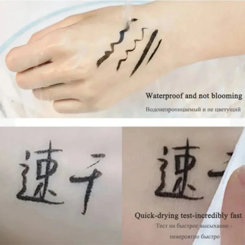Waterproof quick-drying black eyeliner tested on hand with smudge-proof results.