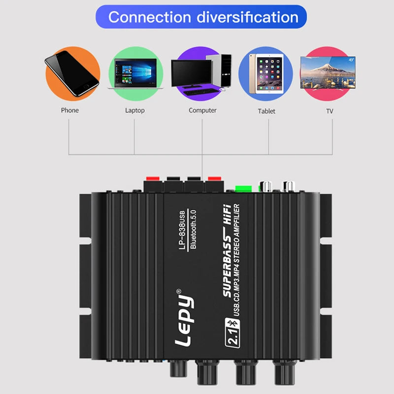 LP-838USB 2.1Channel Amplifier 12V Car Home Amp USB BT Lossless Music Play Digital Audio Amplificador with Remote Control HiFi