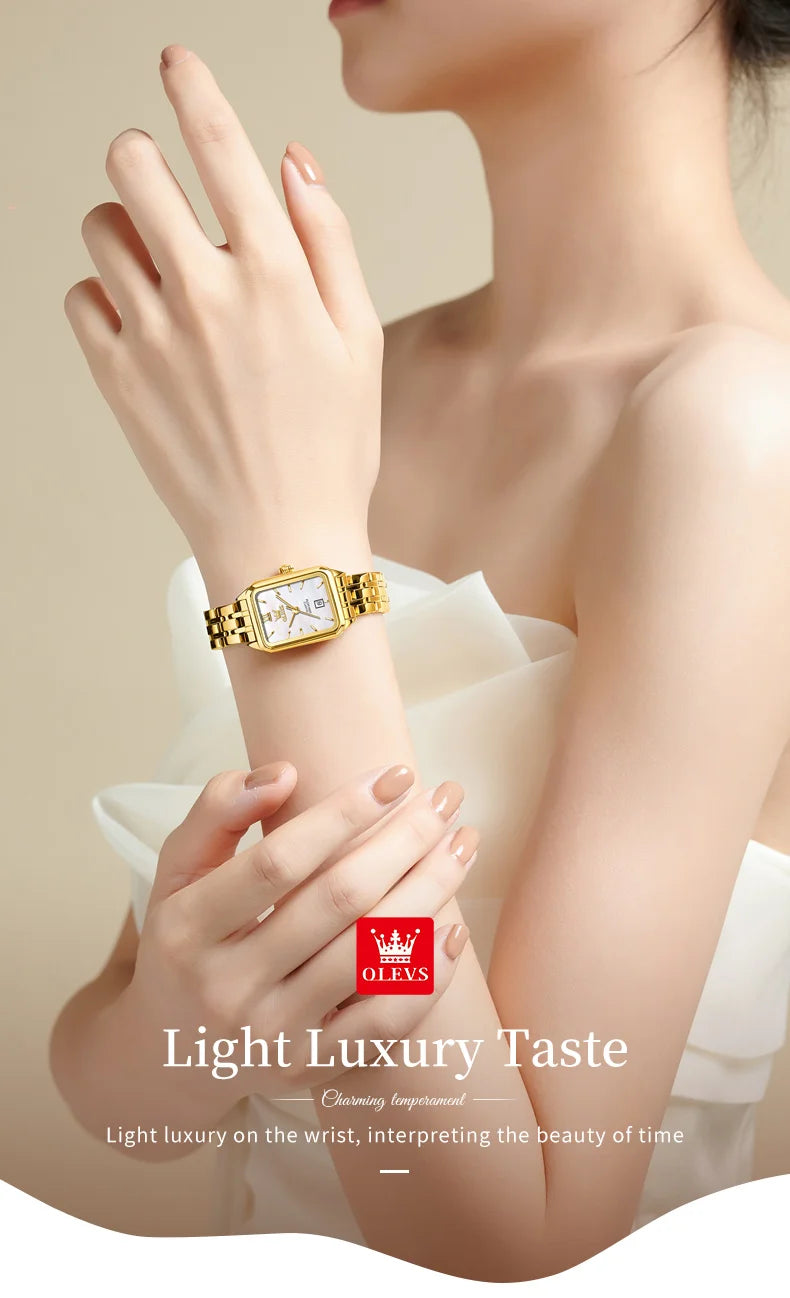 OLEVS 5616 New Quartz Watch for Women Fashion Elegant Square Golden Watch Calendar Waterproof Stainless Steel Ladies Wristwatch