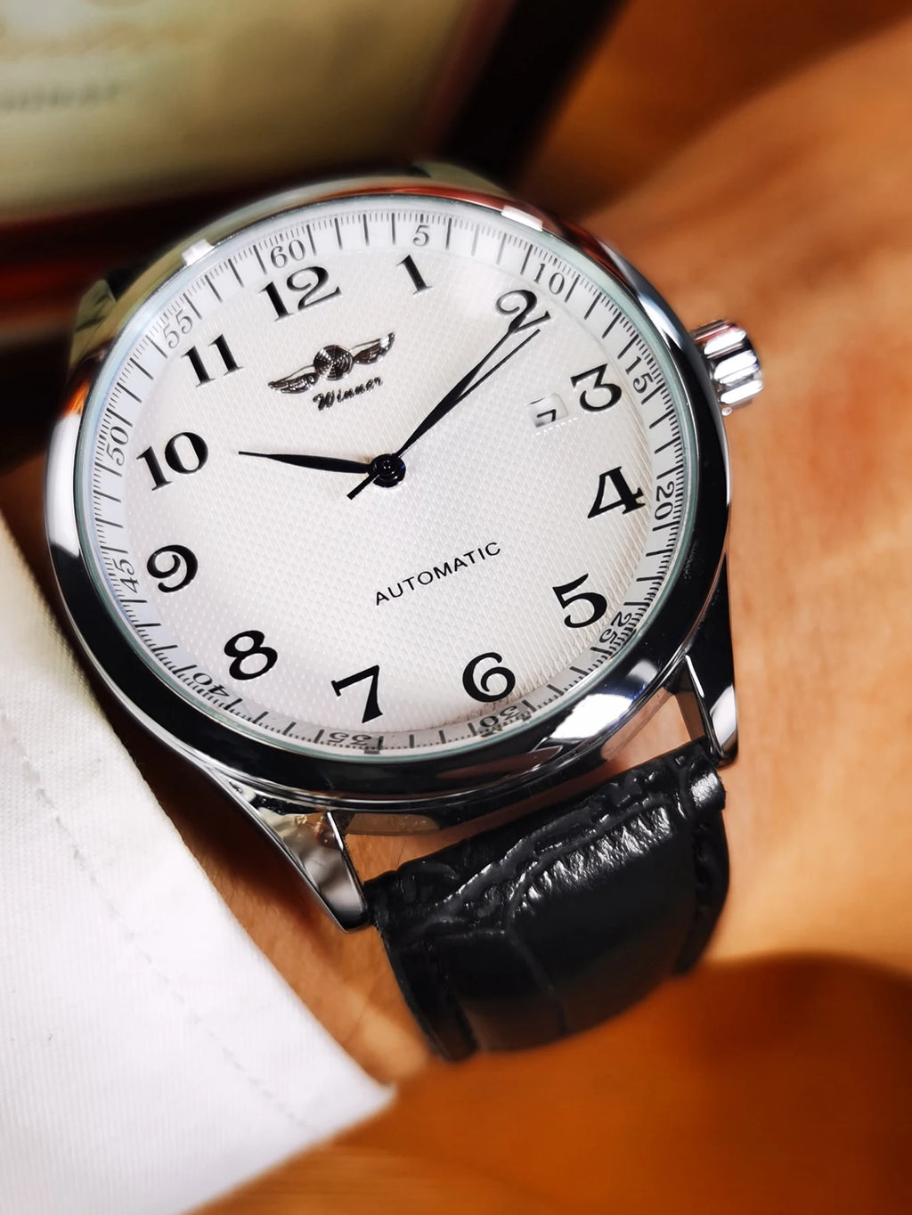 Winner Classic Business Watch for Men Retro Calendar Blue Hands Automatic Mechanical Watches Top Brand Luxury Steel Leather Belt
