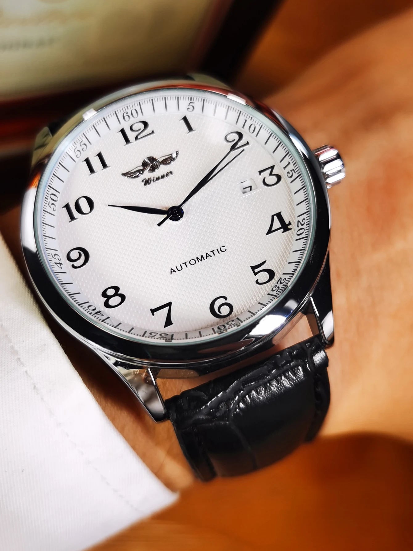 Winner Classic Business Watch for Men Retro Calendar Blue Hands Automatic Mechanical Watches Top Brand Luxury Steel Leather Belt