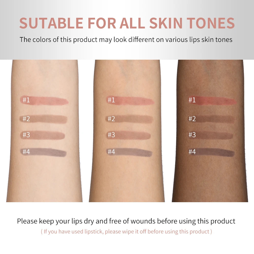 Lip liner color swatches on three skin tones, numbered shades, suitable for all skin types.