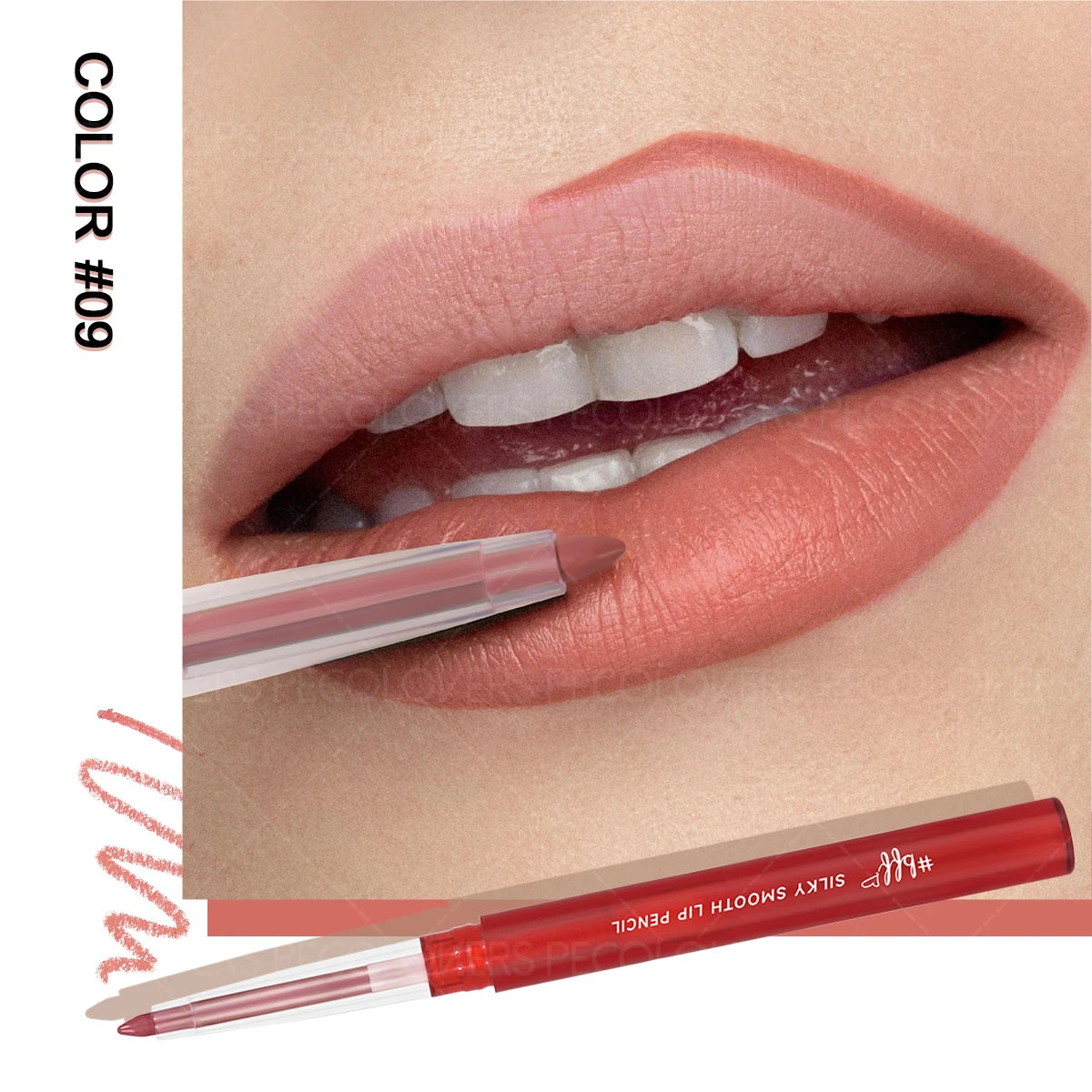 Close-up of lips with nude pink lip liner, color #09, and lip pencil application.