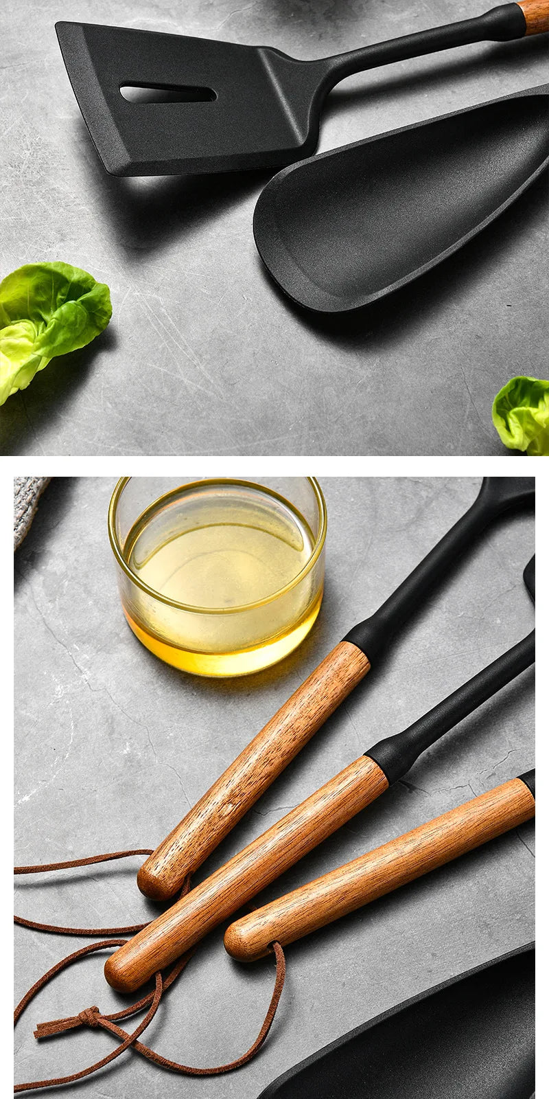 1/7Pcs Black Food Grade Silicone Kitchen Cookware Utensils Spatula Spoon Oil Brush Practical Cooking Tool Kitchenware Set