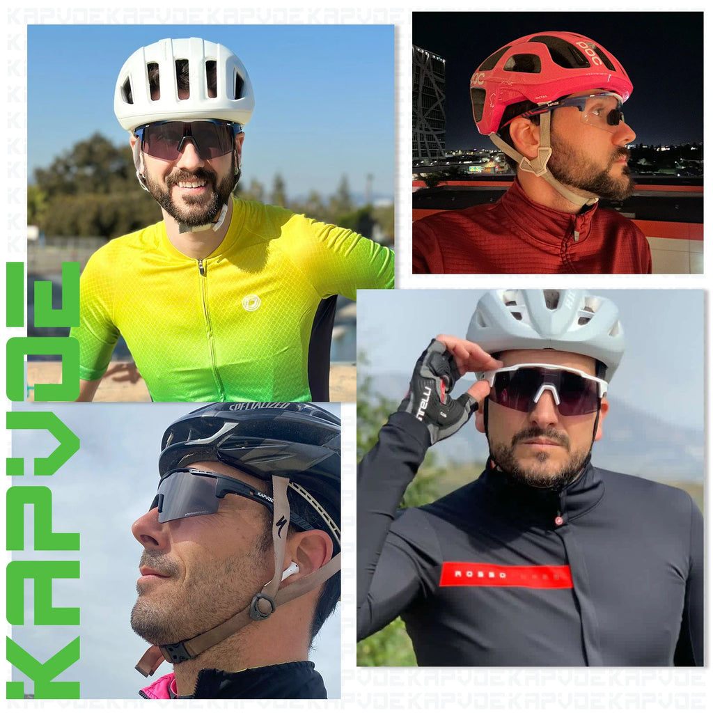 Cyclists wearing stylish bike helmets, sunglasses, and cycling jerseys outdoors