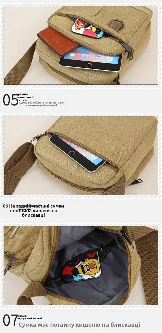 Casual Canvas Shoulder Bag for Men Business Crossbody Small Backpack Soft Handle Zipper Closure Leisure Style Mid-Year New