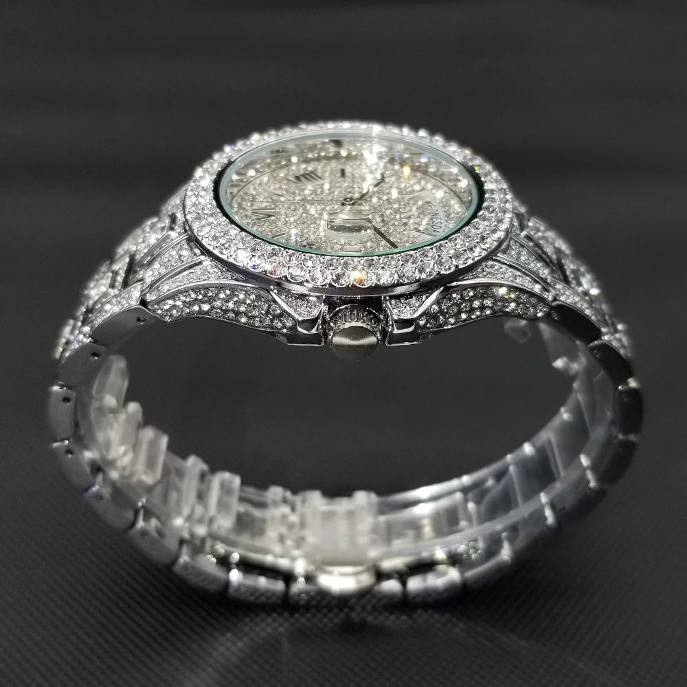 TikTok Hot Diamond Wristwatch For Men Luxury 18K Gold Plated Quartz Watches Day Date Nightclub Party Watch Unisex Rapper Jewelry