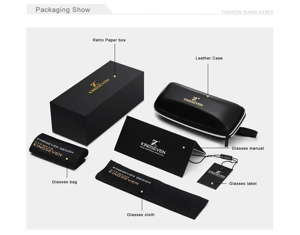 Sunglasses packaging set with black paper box, leather case, glasses bag, cleaning cloth, manual, and label.