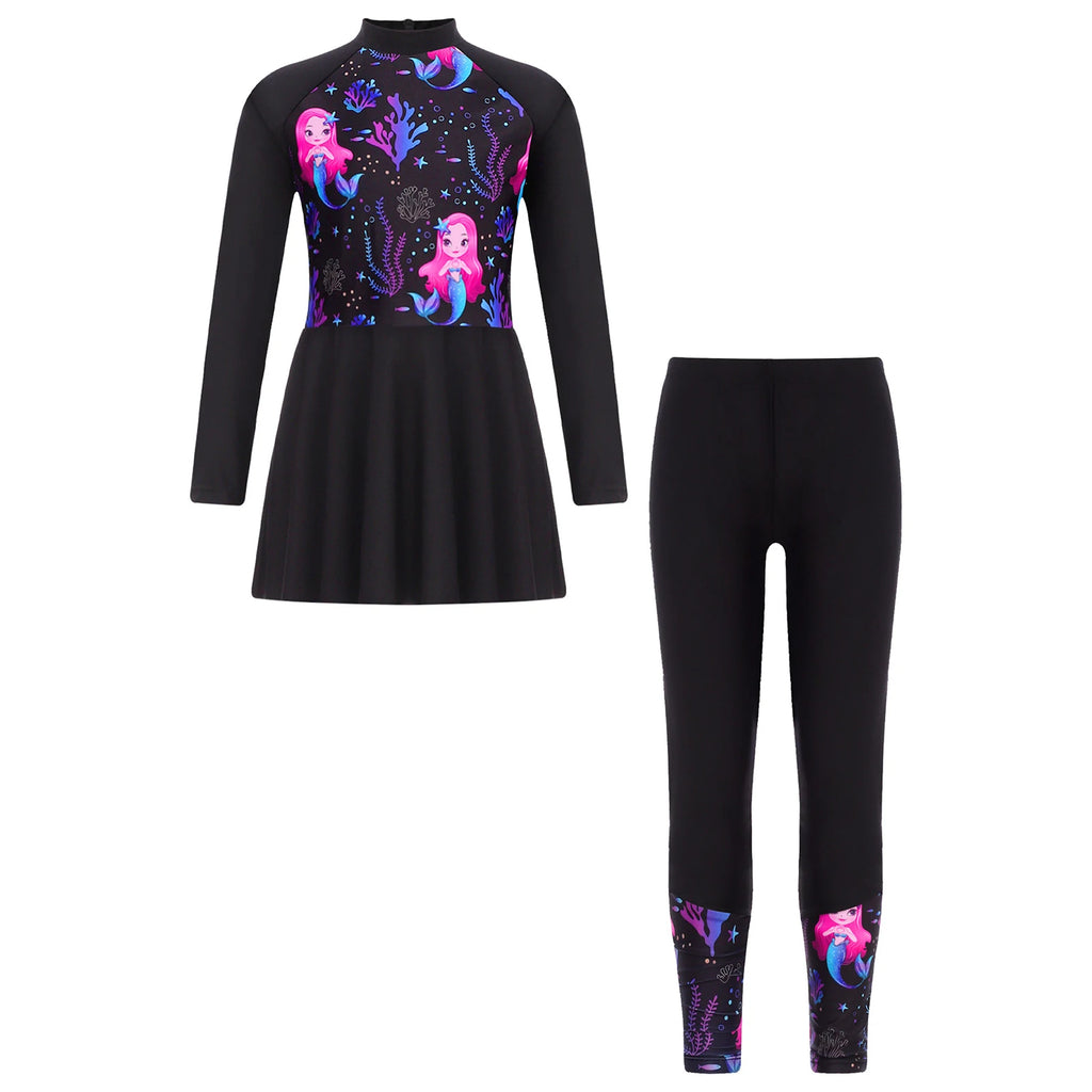 Girls Swimsuits 2 Piece Rash Guard Set UPF 50 Sun Protection Long Sleeve Swim Dress with Leggings Kids Full Body Cover Beachwear