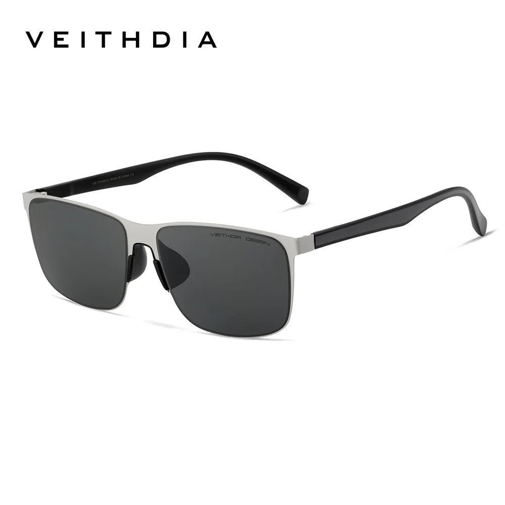 Men's rectangular sunglasses with silver frame and black lenses on white background