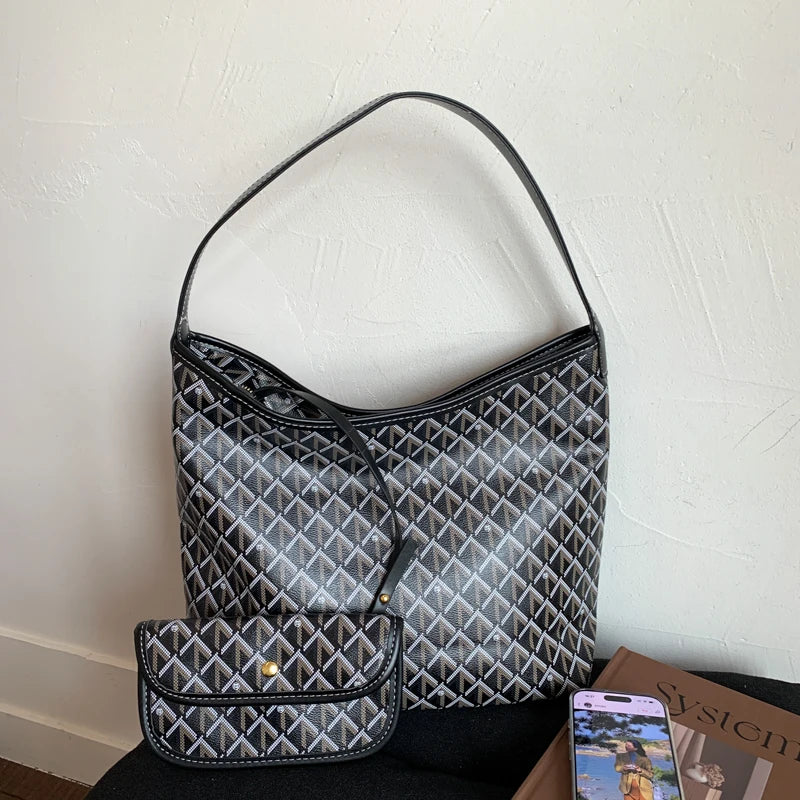 Large Capacity Women's Shoulder Bag Fashionable Commuter Tote Bag Soft PU Leather Printed Geometric Pattern Autumn New Arrival