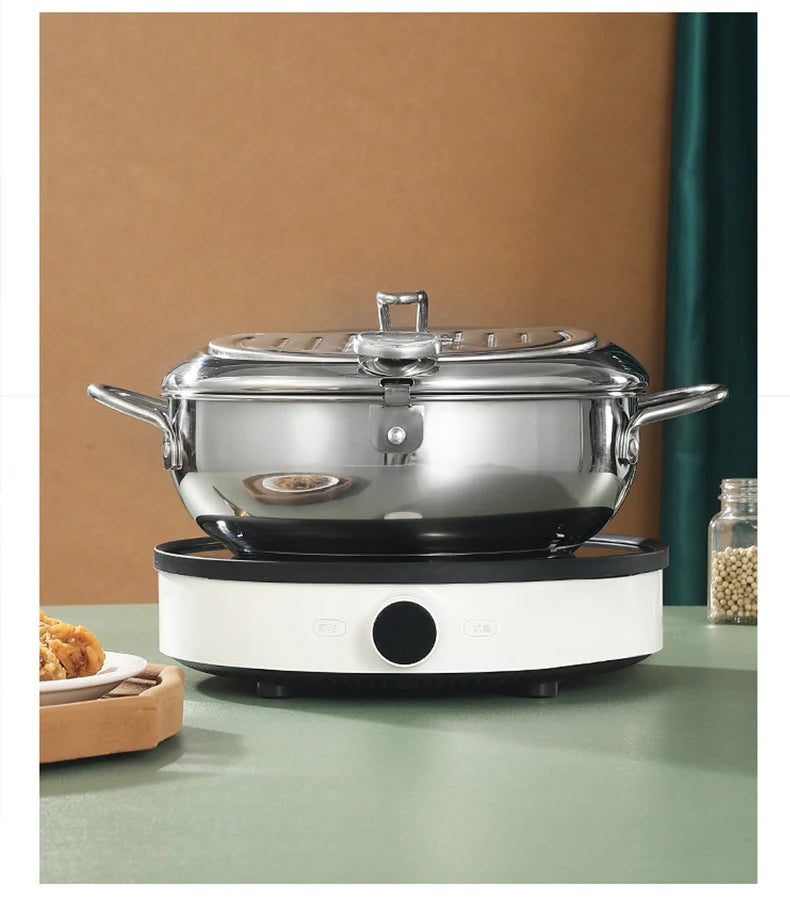 Japanese Deep Frying Pot With A Thermometer And A Lid Fryer Pan 304 Stainless Steel Kitchen Tempura Oil Frying Pan Fryer