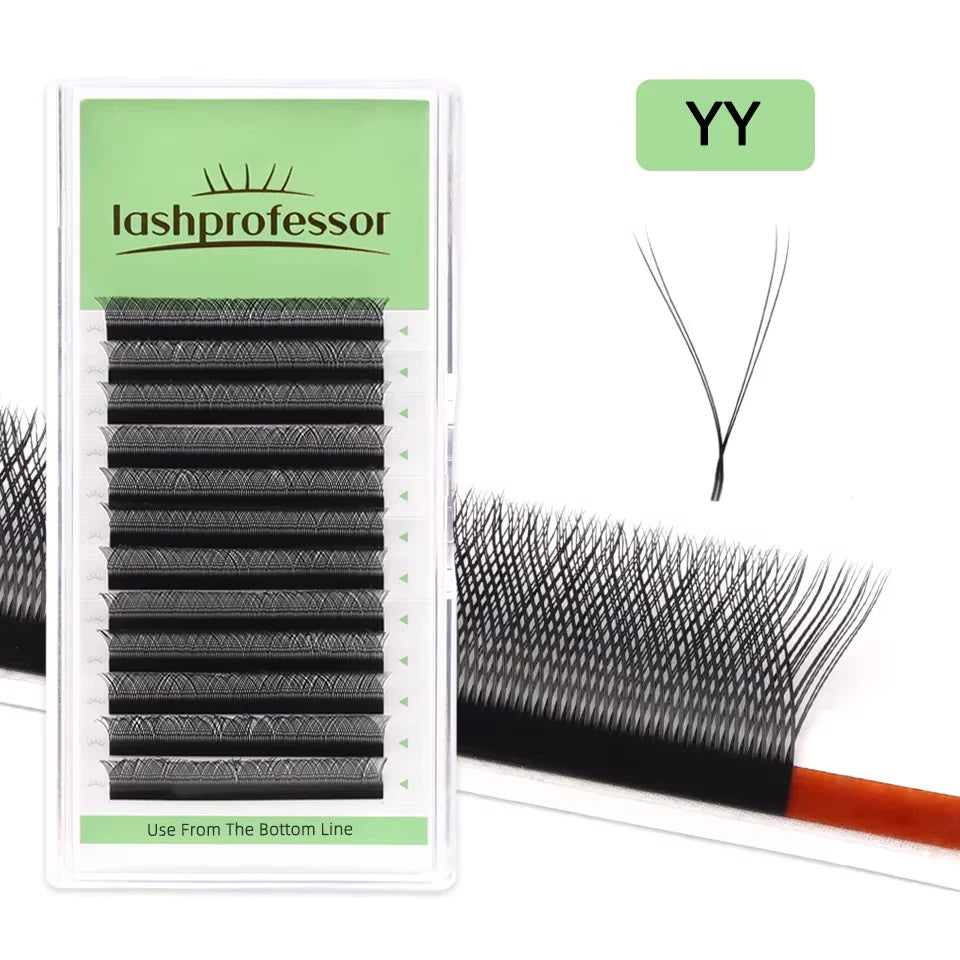 YY volume eyelash extensions tray with close-up of black lash fans for professional use