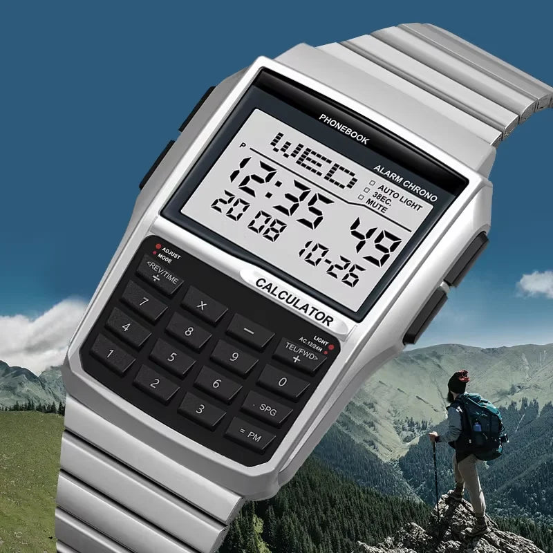 Top Luxury Stainless Steel Men's Watch Dual Time Zone Sports Calculator Watch Men's Digital Watch Timer Casual Phonebook Watch