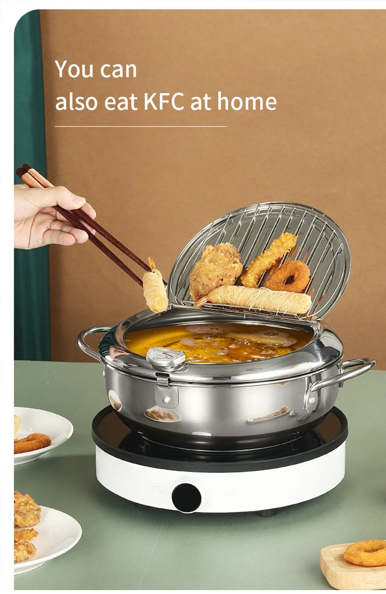 Japanese Deep Frying Pot With A Thermometer And A Lid Fryer Pan 304 Stainless Steel Kitchen Tempura Oil Frying Pan Fryer