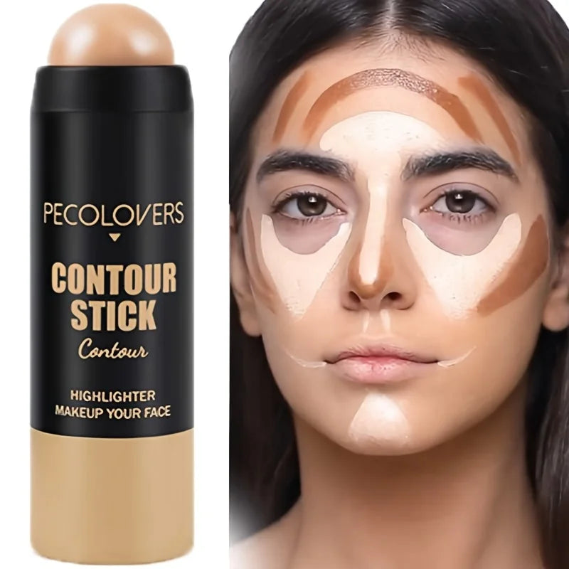 Contour stick makeup with model showing contour and highlight application on face