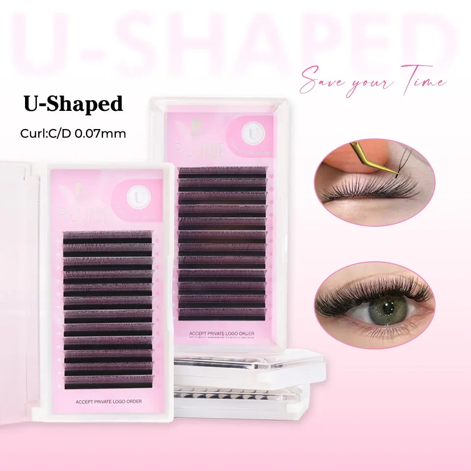 U-shaped eyelash extensions C/D curl 0.07mm in pink trays, close-ups of eyelash application and finished lashes.