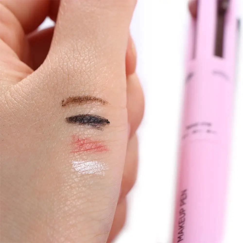 Hand with four makeup pen color swatches beside a pink multi-use cosmetic pen