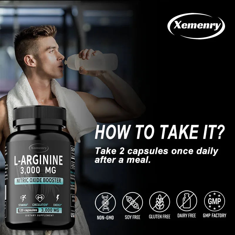 L-Arginine Capsules Supplement - for Energy, Strength and Endurance Support During Exercise | Muscle Mass, Non-Gmo