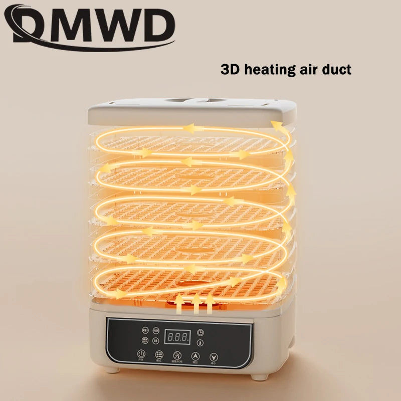 DMWD Dried Food Dehydrator Herb Fruit Vegetable Dehydration Drying Machine Smart Timing 5 Trays Pet Snacks Meat Hot Air Dryer EU