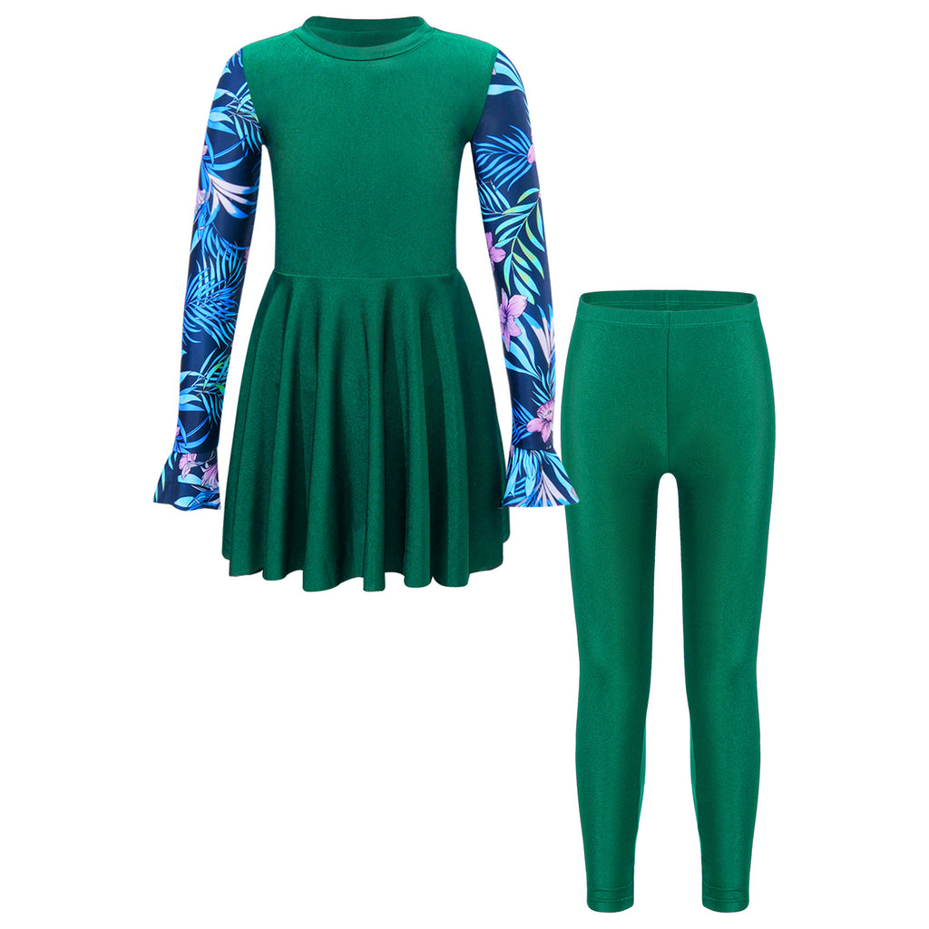 Girls Swimsuits 2 Piece Rash Guard Set UPF 50 Sun Protection Long Sleeve Swim Dress with Leggings Kids Full Body Cover Beachwear