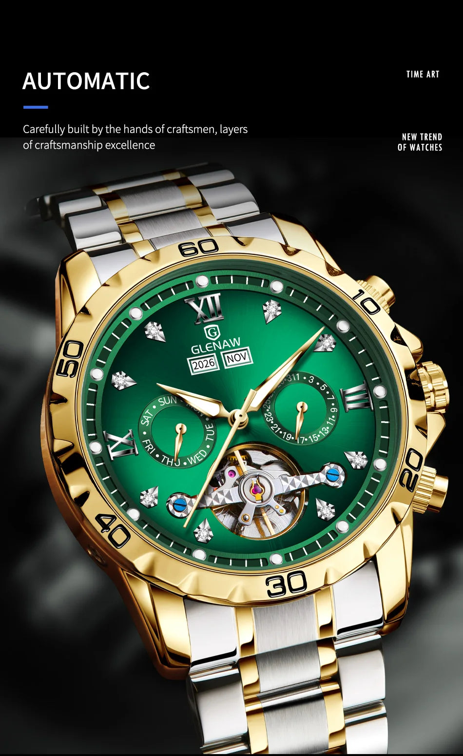 Glenaw high-end business fully automatic mechanical multi-functional men's watch trendy fashion waterproof watch
