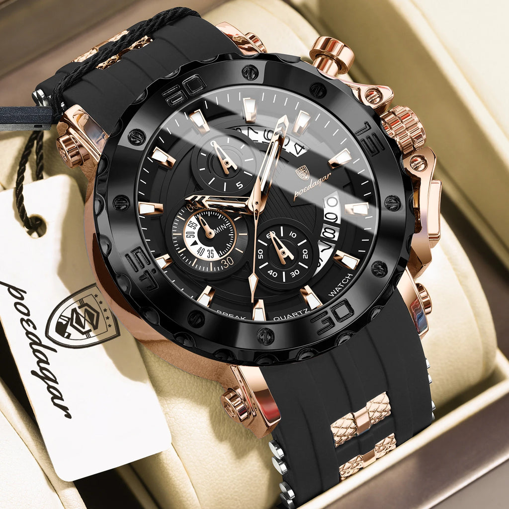POEDAGAR Original Luxury Man Watch Chronograph Waterproof Luminous Sports Men Clock Calendar Silicone Strap Quartz Men's Watches