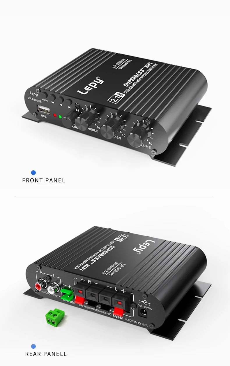 LP-838USB 2.1Channel Amplifier 12V Car Home Amp USB BT Lossless Music Play Digital Audio Amplificador with Remote Control HiFi