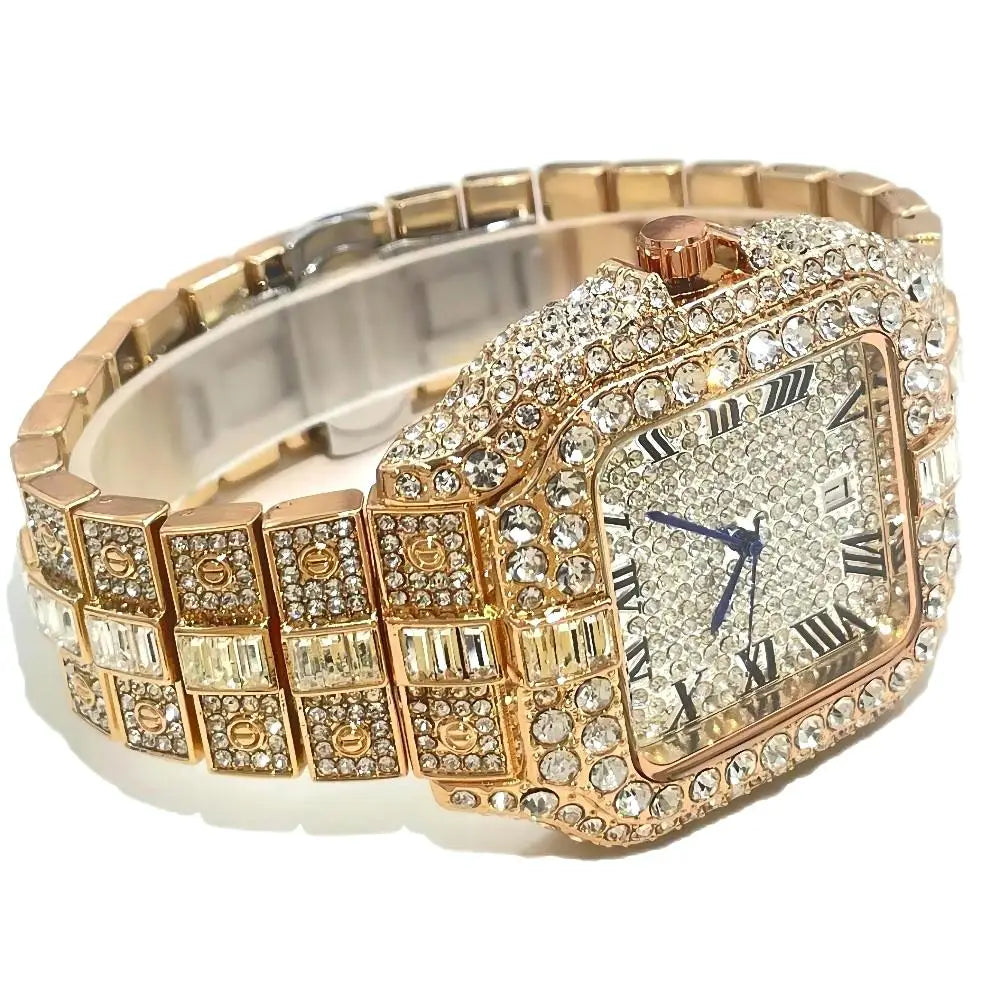 Hot Fashion Brand UNIGUET Hip Hop Rose Gold Iced Diamond Mens Watch Luxury Square Waterproof Quartz Man Clocks Relogio Masculino
