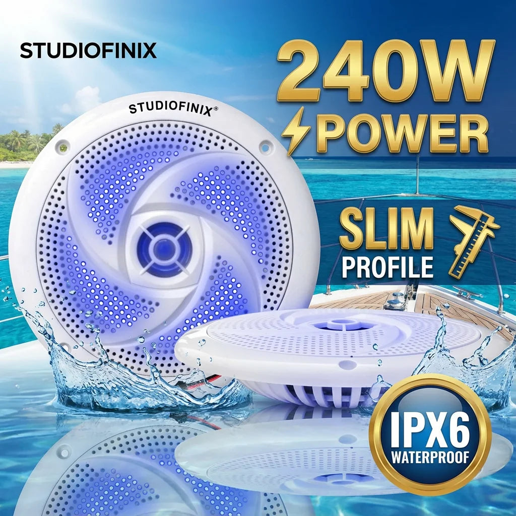 STUDIOFINIX 6.5'' 240W Waterproof Marine Speakers 2-Way with LEDs, Low-Profile for Boat, RV, ATV, UTV, Golf Cart (2Pk, White)