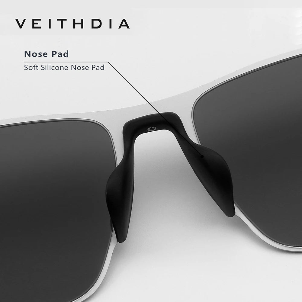 Close-up of sunglasses with soft silicone nose pad and black lenses