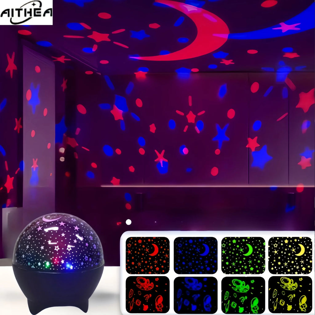 Colorful night light projector displaying stars and moon patterns on walls and ceiling